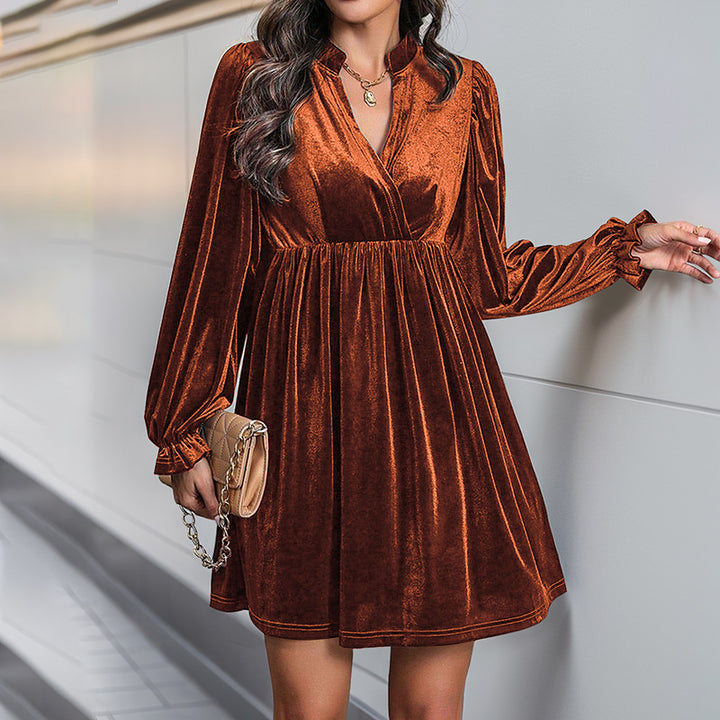 Women Elegant Velvet Dress with V-Neck and Long Sleeves Mune Fashion