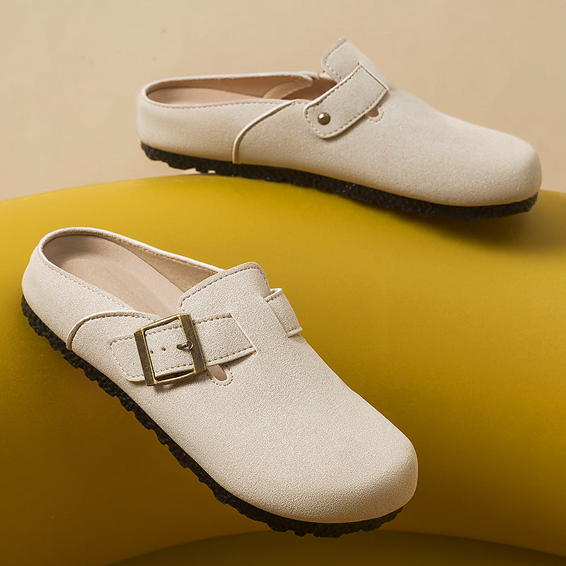Women's comfortable nubuck slipper clog with adjustable brass buckle and ergonomic memory footbed Mune Fashion