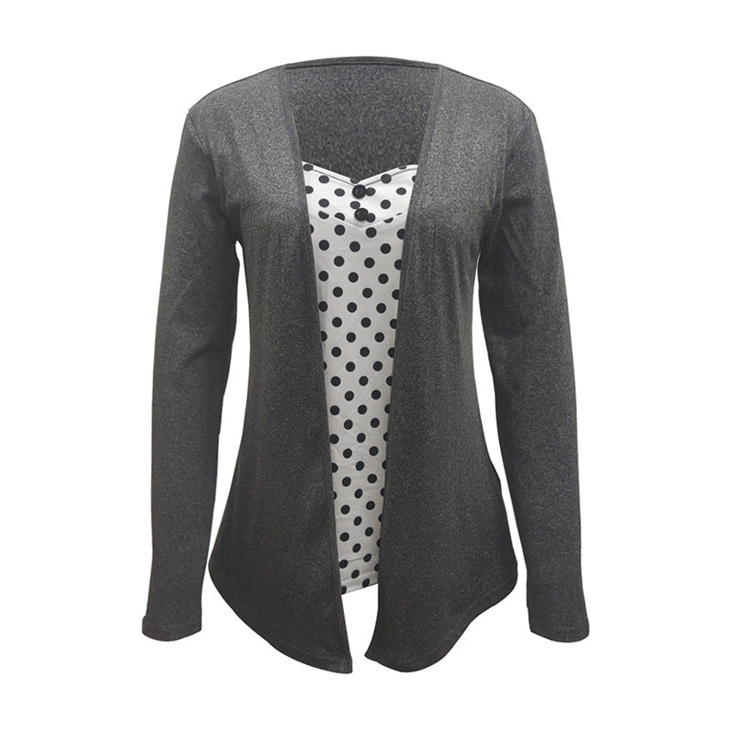 Ladies Open Long Cardigan with integrated polka dot insert and figure-flattering inner blouse Mune Fashion
