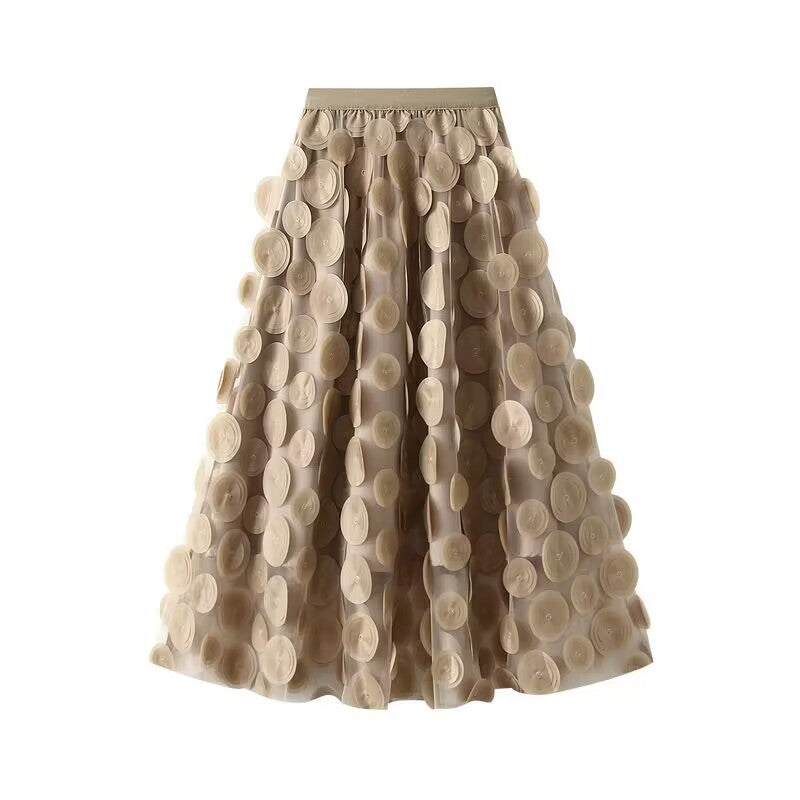 Women's flared midi skirt with transparent 3D appliqués and elastic waistband Mune Fashion