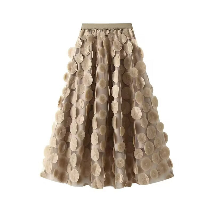 Women's flared midi skirt with transparent 3D appliqués and elastic waistband Mune Fashion