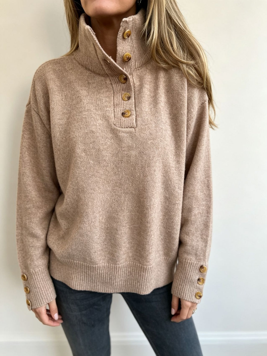 Women's knit sweater with high button collar, decorative front placket and decorative buttons Mune Fashion