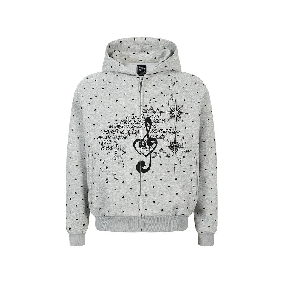 Women's zip hoodie in heart all-over with treble clef print and kangaroo pockets Mune Fashion