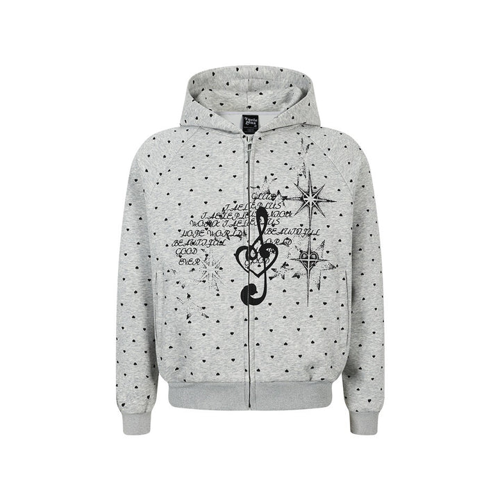 Women's zip hoodie in heart all-over with treble clef print and kangaroo pockets Mune Fashion