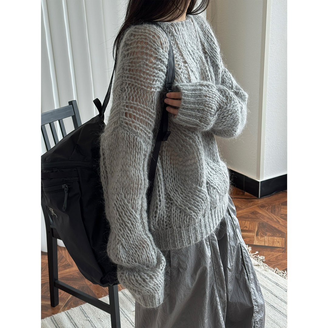 Women's Oversize Mohair-Optic Cable Pattern Sweater with Transparent Effect Mune Fashion