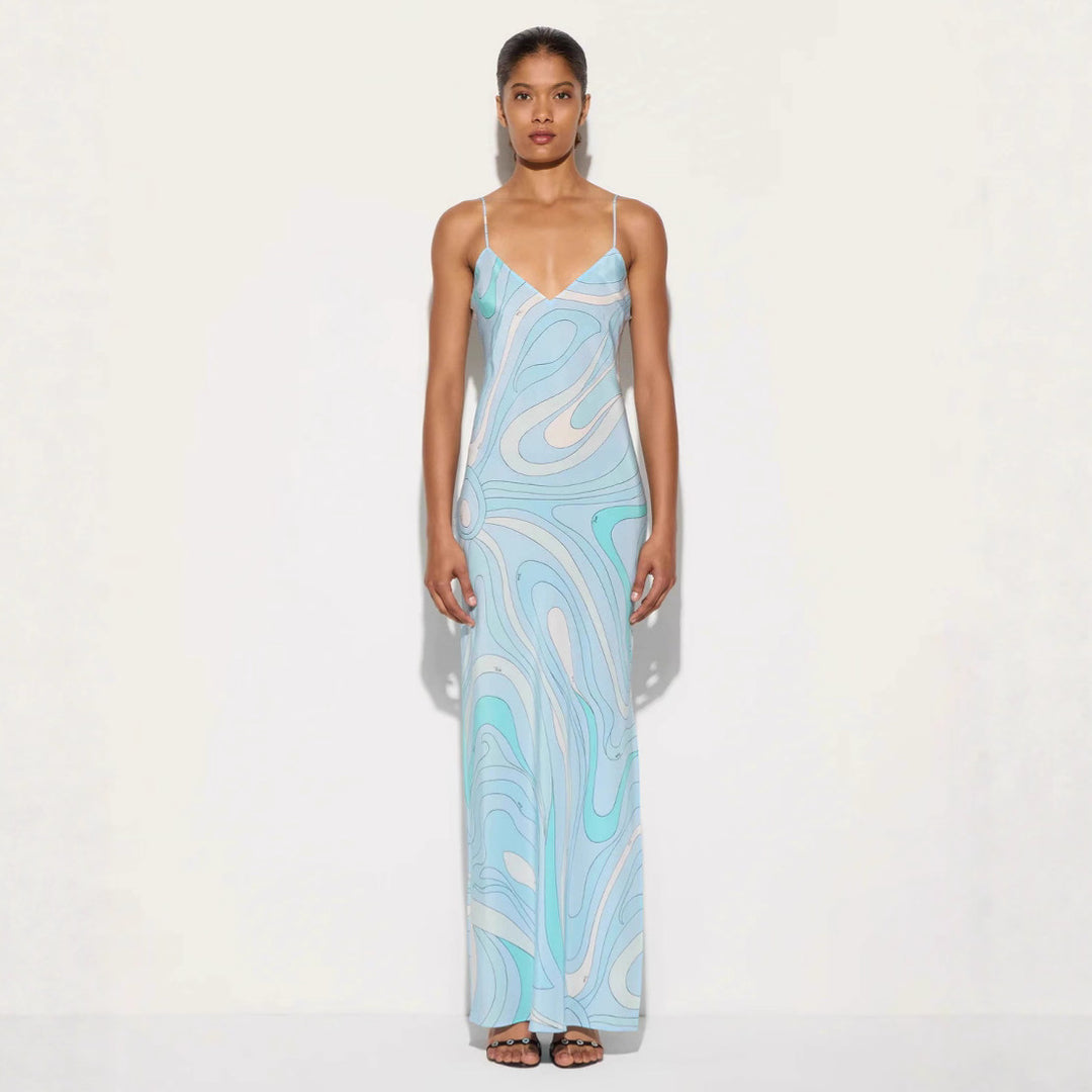 Ladies elegant slip maxi dress with V-neck, delicate spaghetti straps and retro graphic all-over print Mune Fashion