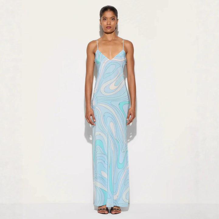 Ladies elegant slip maxi dress with V-neck, delicate spaghetti straps and retro graphic all-over print Mune Fashion