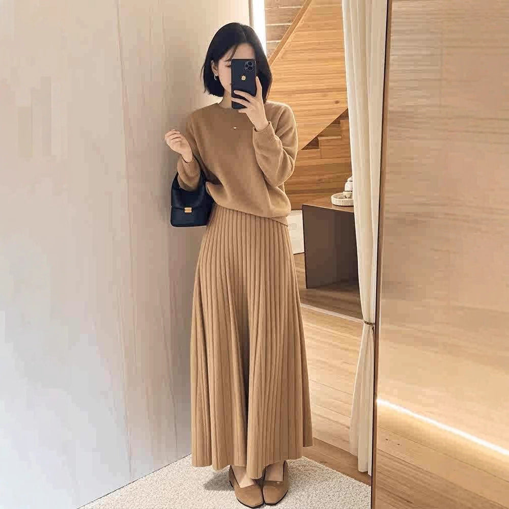 Women Oversize Knit Sweater and Pleated Maxi Skirt Set Mune Fashion