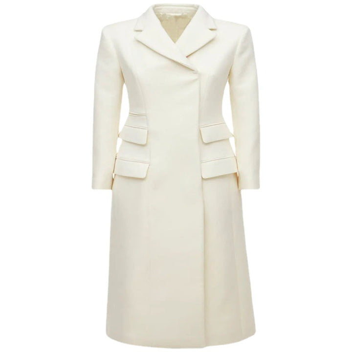 Women's long coat in a minimalist blazer style with concealed button placket and triple flap pocket Mune Fashion