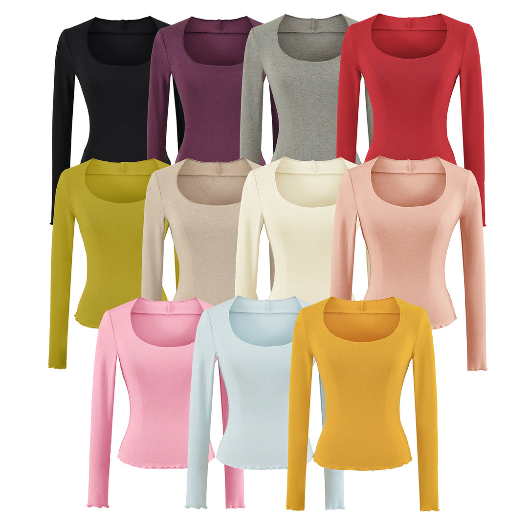 Women Fitted Long Sleeve Fine Knit Top with Square Neckline and Wave Hem Mune Fashion