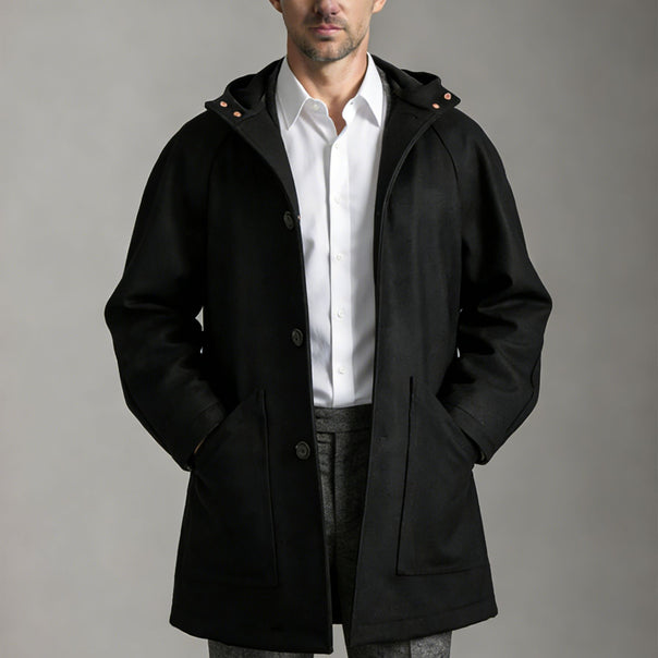 Men Tailored Wool Blend Coat with Hood and Concealed Button Placket Mune Fashion