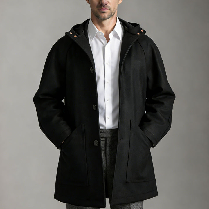 Men Tailored Wool Blend Coat with Hood and Concealed Button Placket Mune Fashion