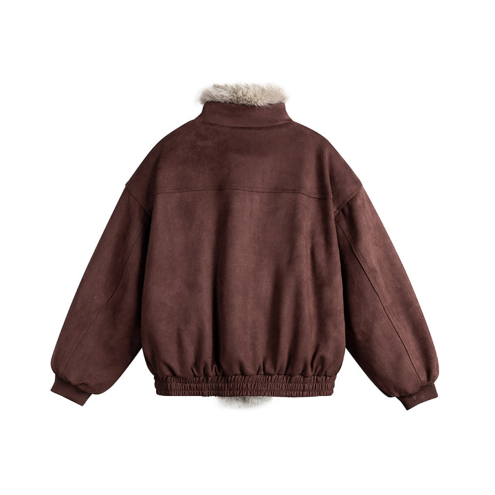 Women's boxy bomber jacket made of faux suede with a voluminous faux fur collar Mune Fashion
