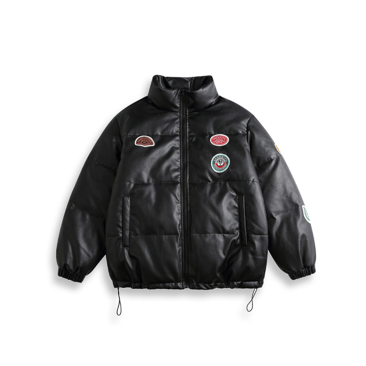 Unisex Short Cut Padded Faux Leather Puffer with High Standing Collar and Badge Details Mune Fashion