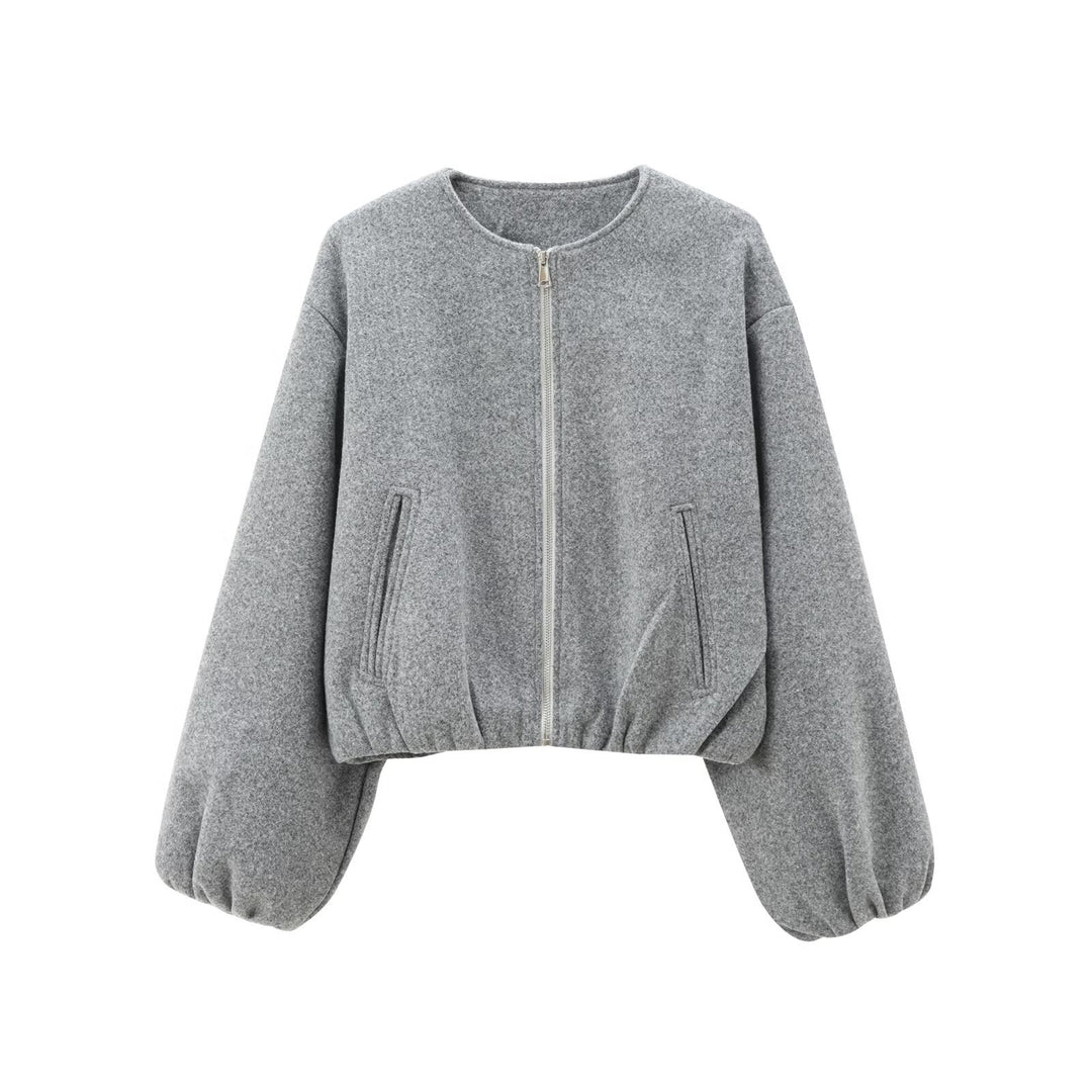 Women Short Bomber Jacket with Round Neck, Zipper and Elastic Hem Mune Fashion