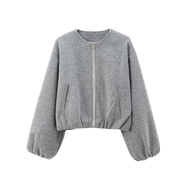 Women Short Bomber Jacket with Round Neck, Zipper and Elastic Hem Mune Fashion