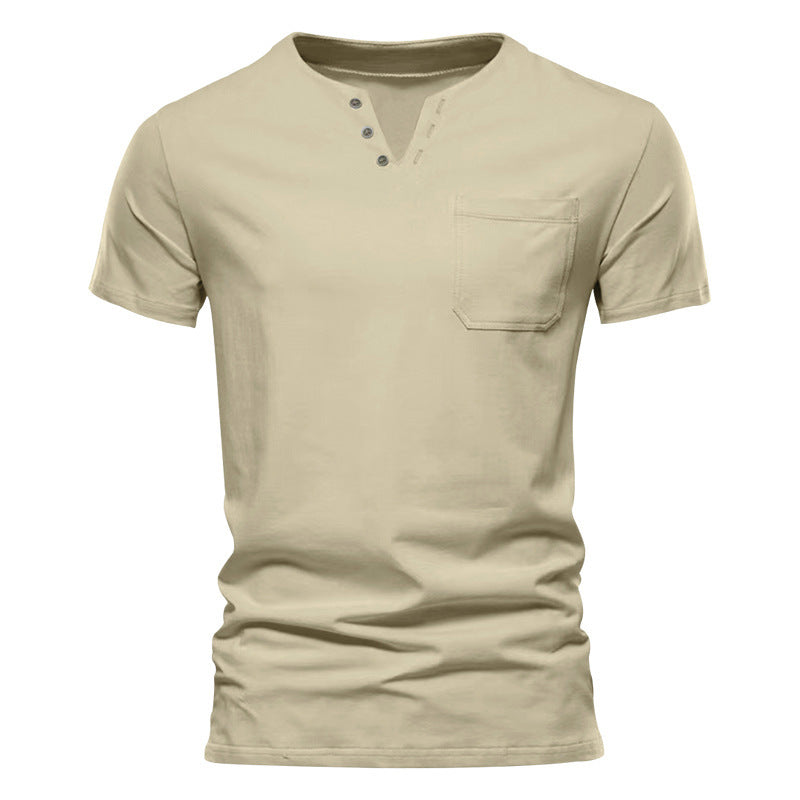 Men's tailored short sleeve Henley shirt with chest pocket and asymmetrical button placket Mune Fashion
