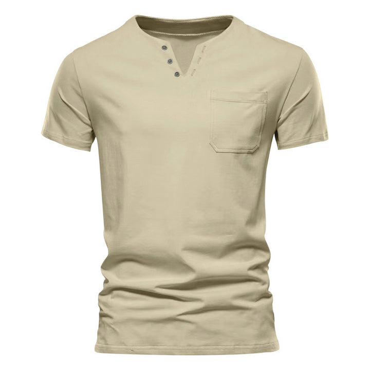 Men's tailored short sleeve Henley shirt with chest pocket and asymmetrical button placket Mune Fashion