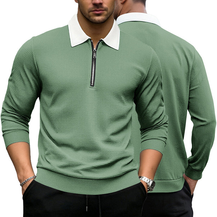 Men's Elegant Waffle Structure Polo Shirt with Half Zip and Contrast Collar Mune Fashion