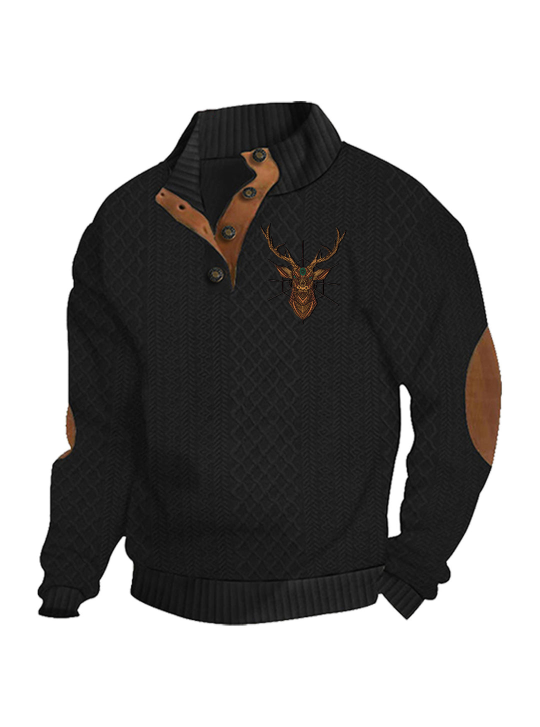 Men's nan Heritage textured pullover with stand-up collar faux leather trim elbow patches and half-button placket Mune Fashion
