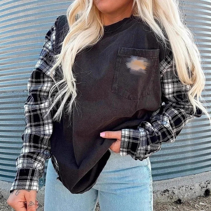 Women's oversized sweatshirt in mixed materials with checkered sleeves and applied chest pocket Mune Fashion
