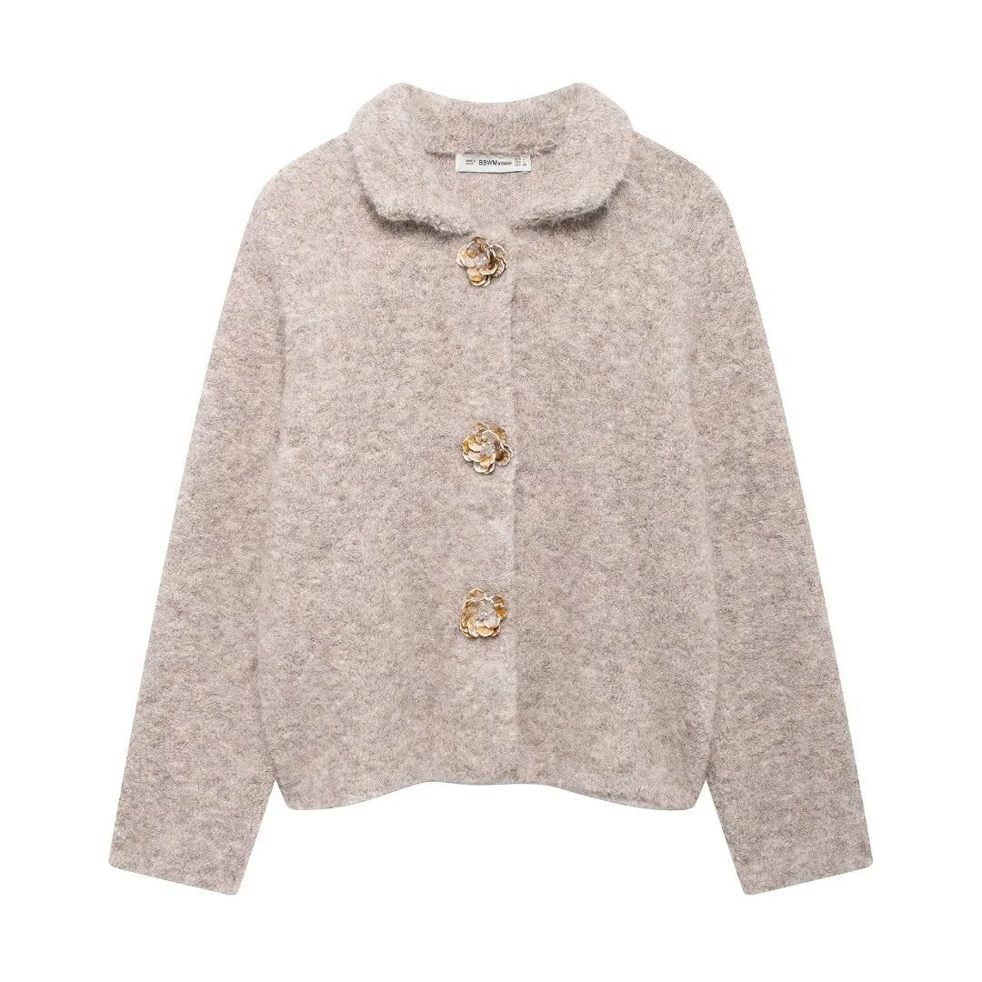 Women's short bouclé jacket with decorative flower buttons and round shawl collar Mune Fashion