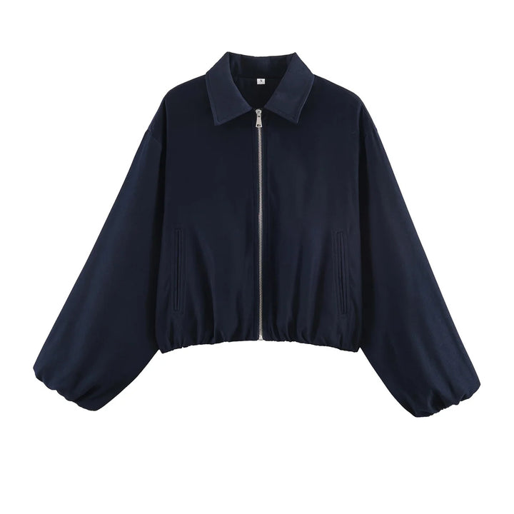Women's Cropped Bomber Jacket with Full Zip, Wide Balloon Sleeves, and Elastic Hem Mune Fashion