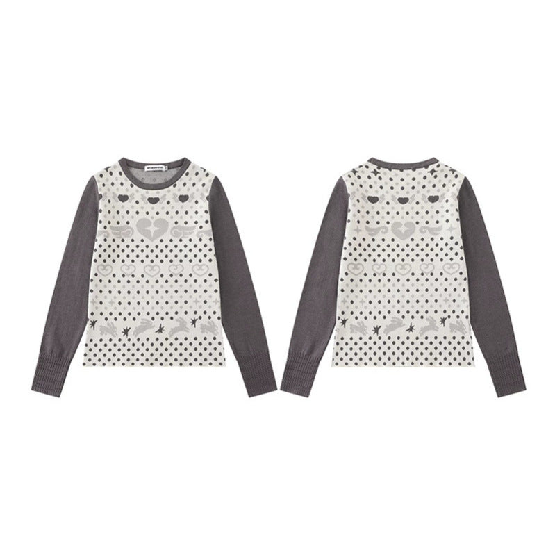 Ladies fine knit pullover with jacquard motif, round neckline and contrast sleeves Mune Fashion