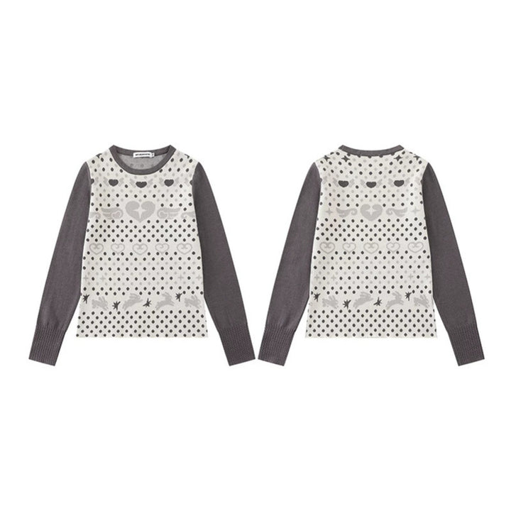 Ladies fine knit pullover with jacquard motif, round neckline and contrast sleeves Mune Fashion