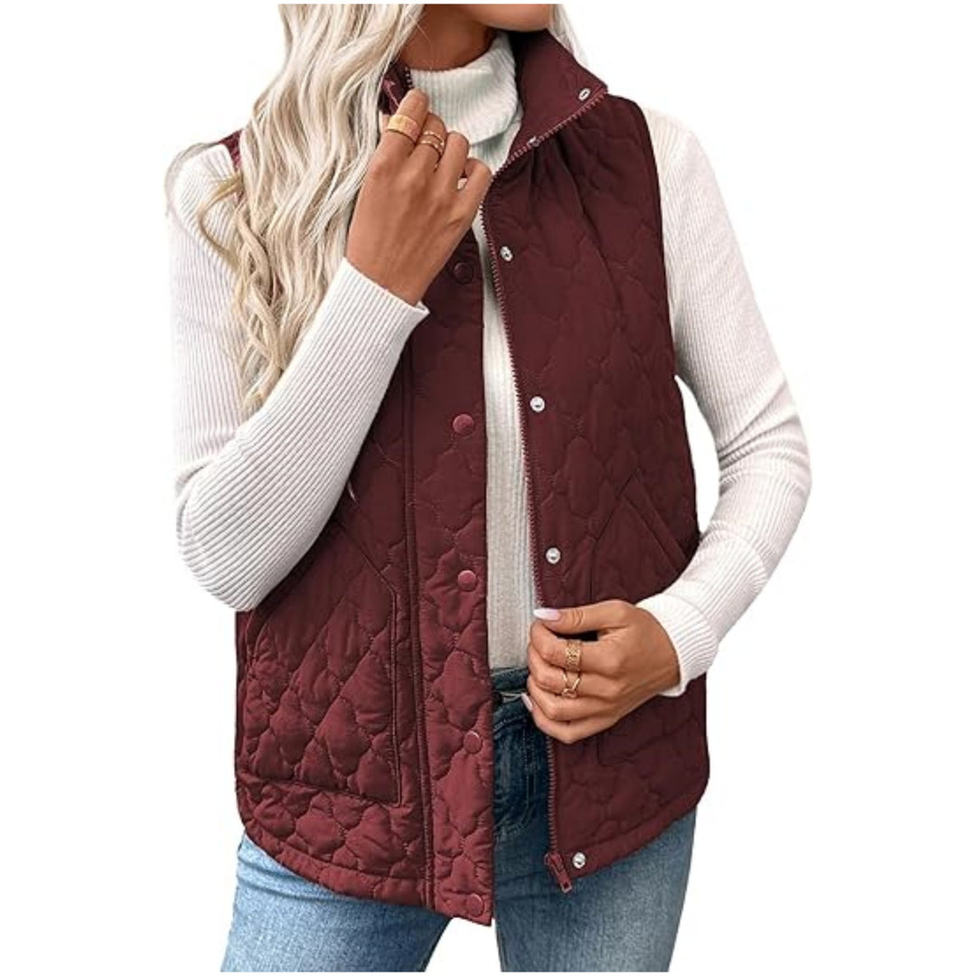Women's quilted stand collar vest with zipper and snap buttons Mune Fashion