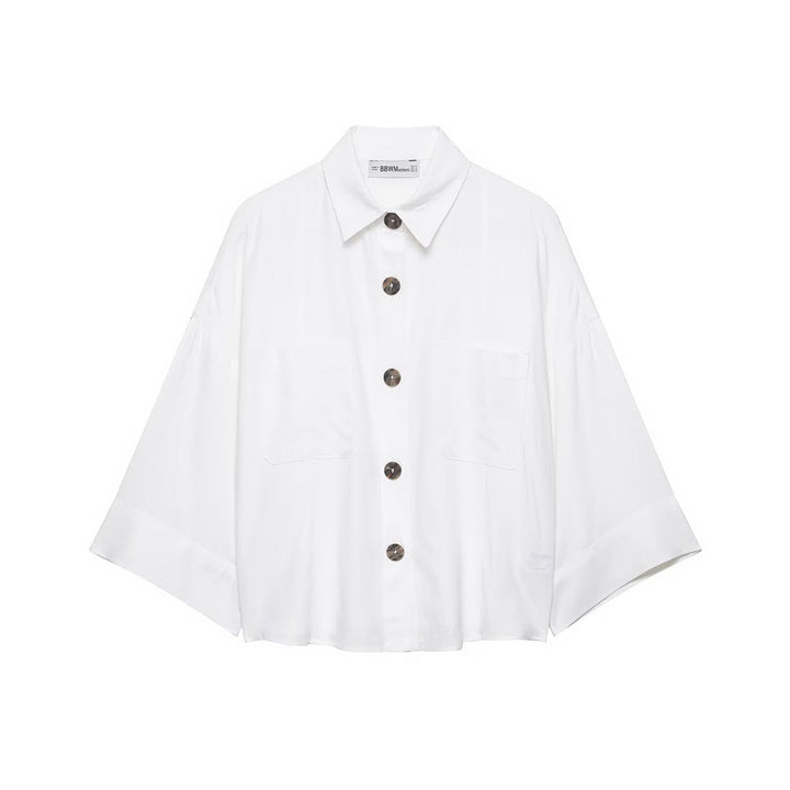 Women's Oversized Shirt Jacket with Three-Quarter Kimono Sleeves and Patch Pockets Mune Fashion