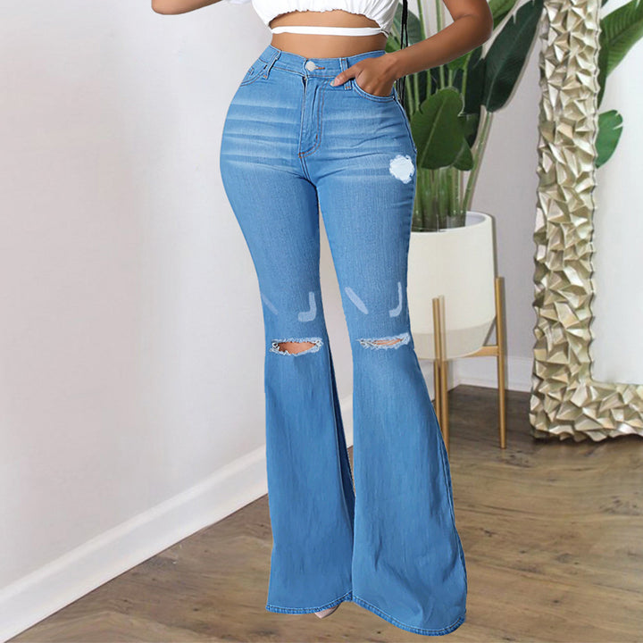 Women's high-waisted flared pants made of stretch denim with knee rips and shaping waistband Mune Fashion