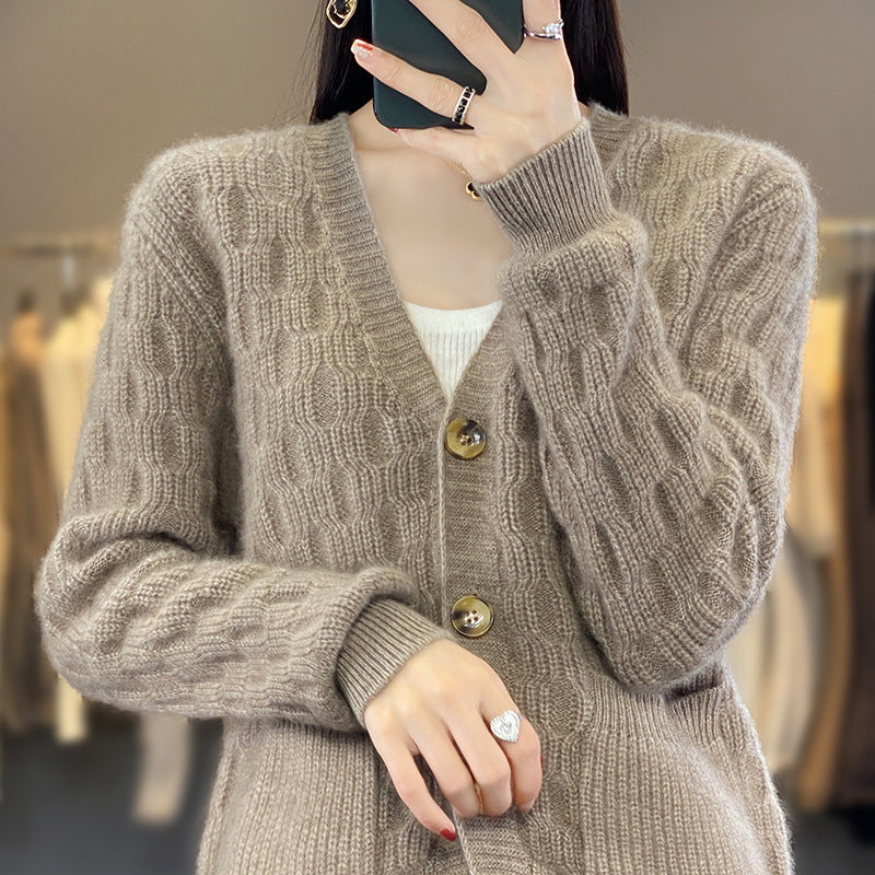 Women's Soft Angora-Look Cable Knit Cardigan with V-Neck and Patch Pockets Mune Fashion