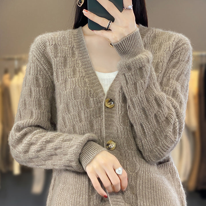 Women's Soft Angora-Look Cable Knit Cardigan with V-Neck and Patch Pockets Mune Fashion