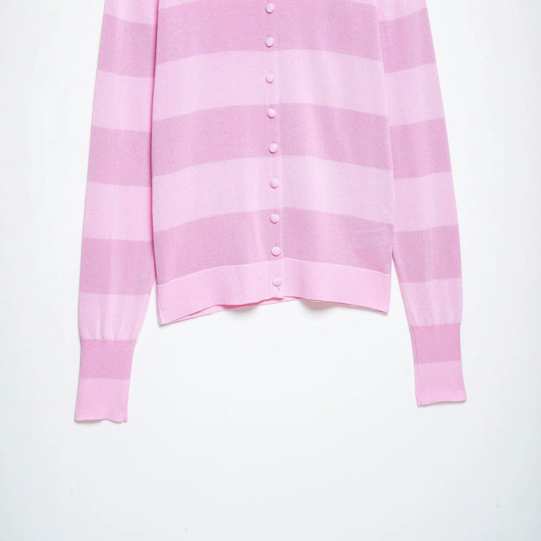 Women's Striped Cardigan with Polo Collar and Full Button Placket Mune Fashion