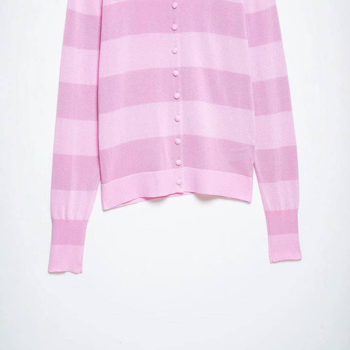 Women's Striped Cardigan with Polo Collar and Full Button Placket Mune Fashion