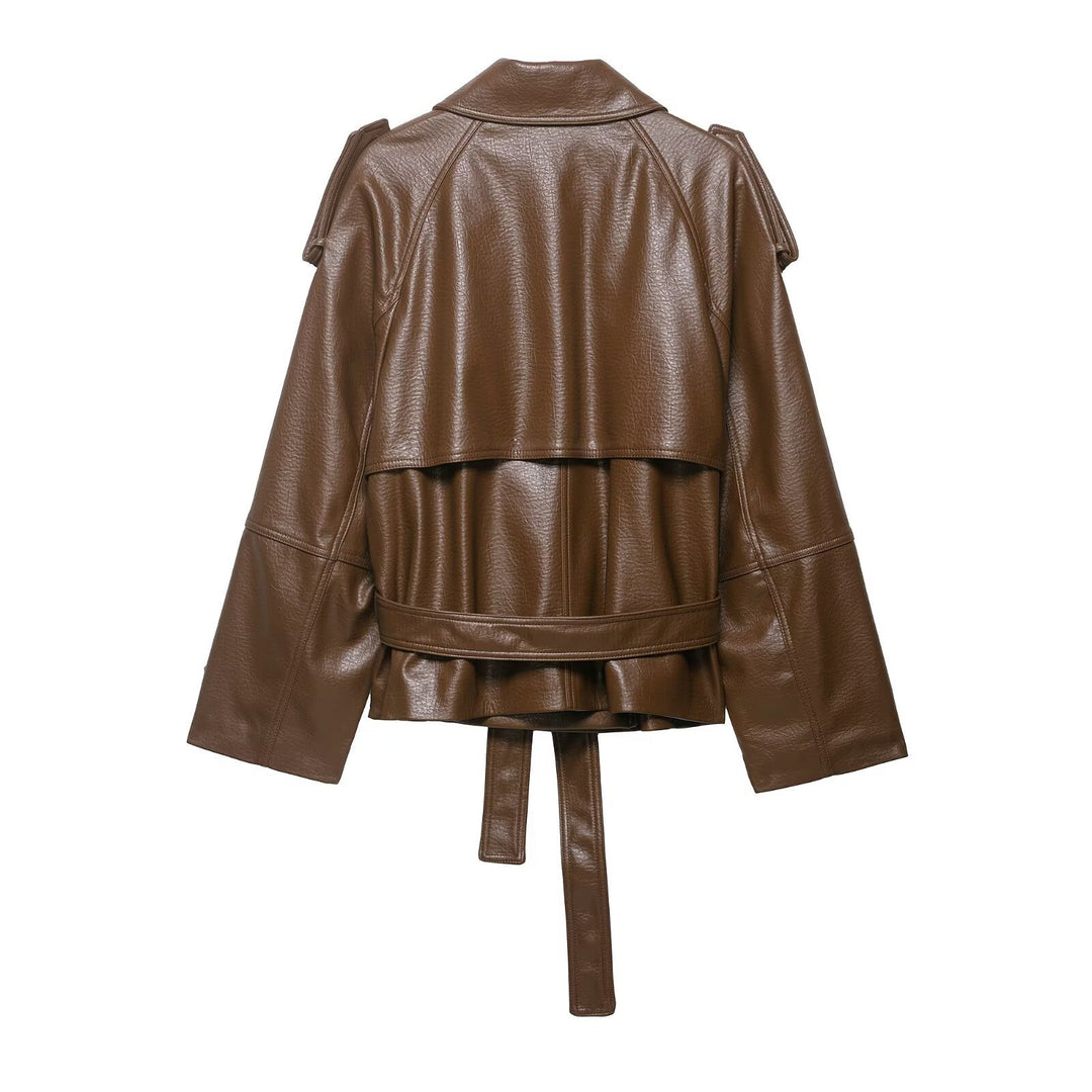 Women's leather trench coat with belt, shoulder flaps and oversized collar Mune Fashion