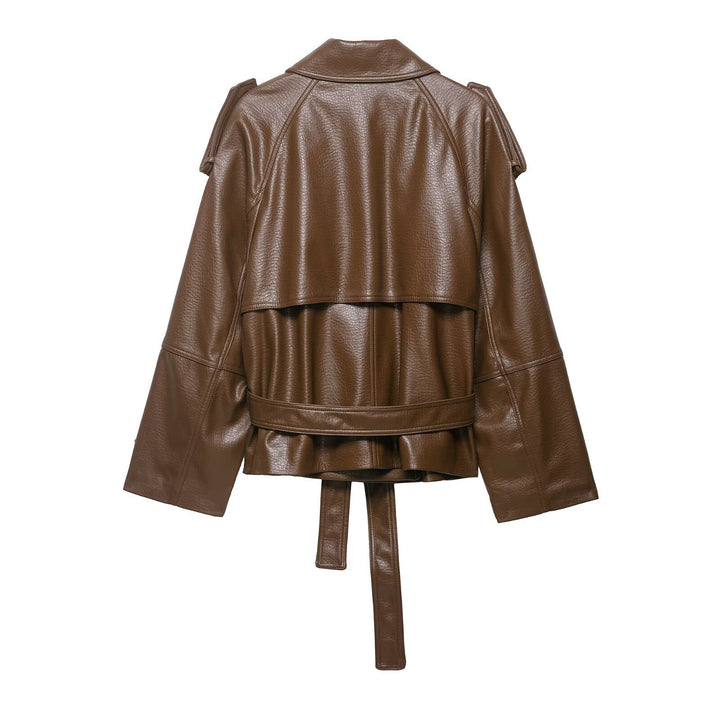 Women's leather trench coat with belt, shoulder flaps and oversized collar Mune Fashion