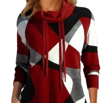 Women's Geometric Hooded Sweatshirt with Drawstring, Longline Cut and Side Pockets Mune Fashion