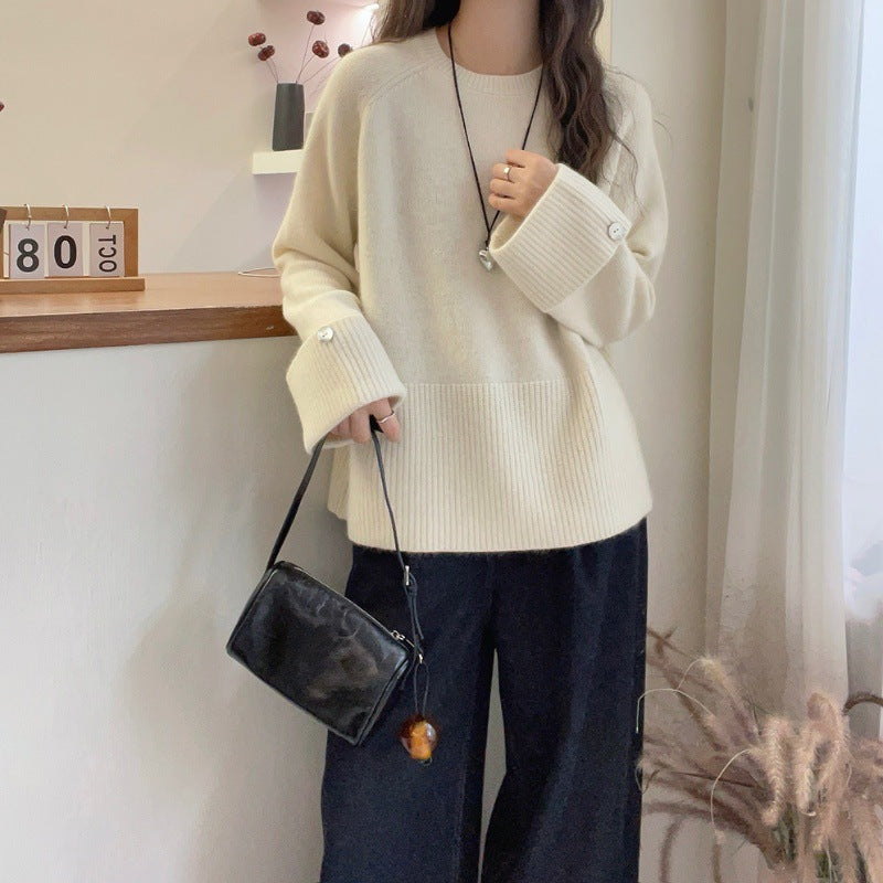 Women's Oversized Fine Knit Sweater with Wide Ribbed Hem, Extra Wide Sleeve Cuffs and Decorative Button Mune Fashion