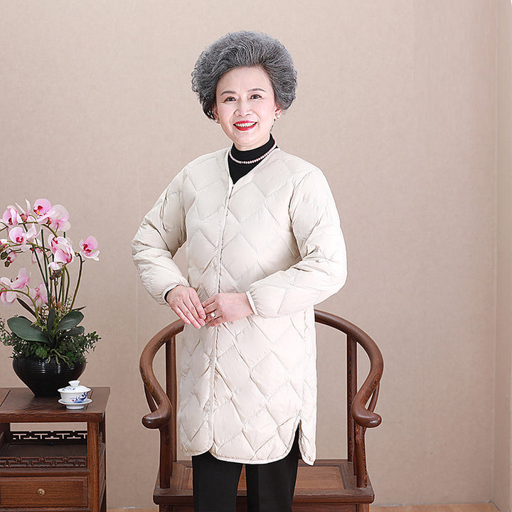 Women’s collarless long quilted thermal coat with diamond quilting Mune Fashion