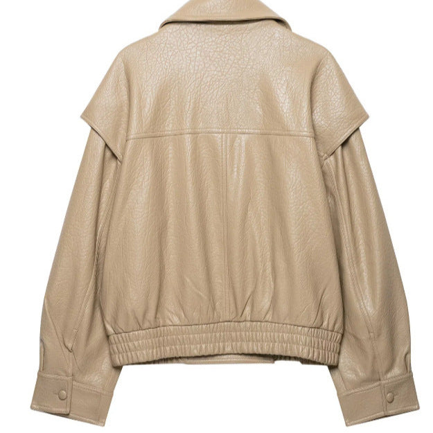 Women Short Blouson made of Artificial Leather with Double-Breasted Button Placket and Shoulder Cape Mune Fashion
