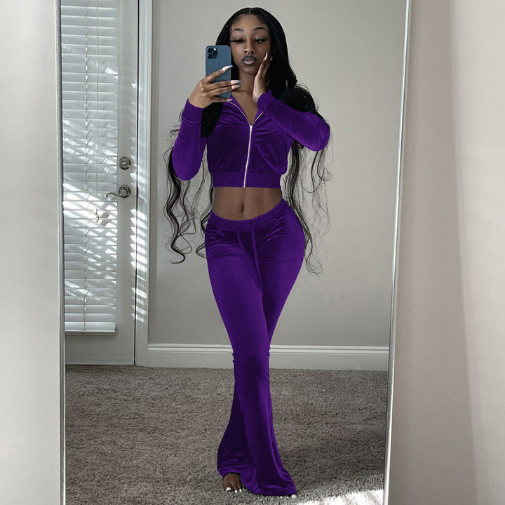Women's Two-Piece Velvet Lounge Set with Cropped Zipper Hoodie and Flared Palazzo Pants EB