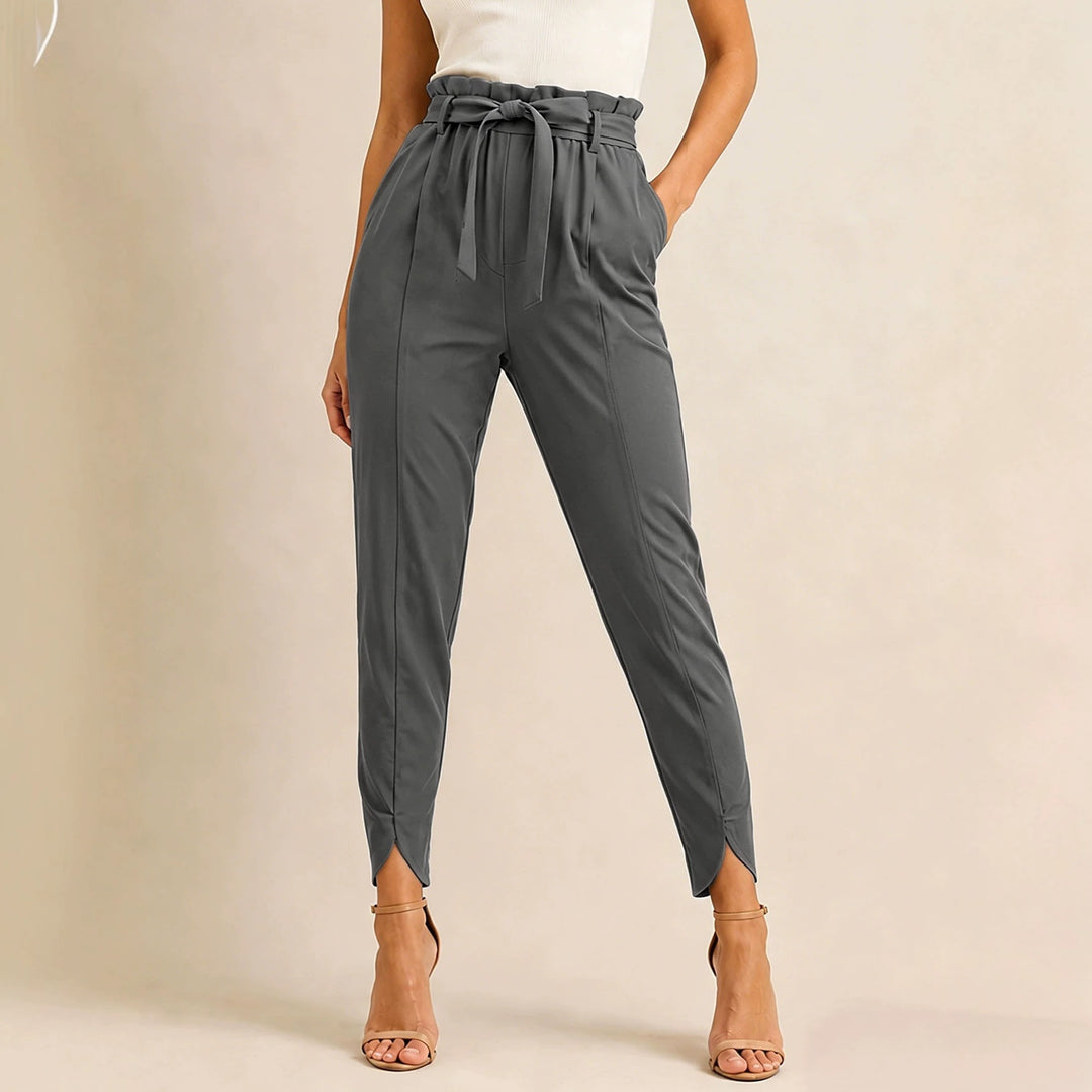 Women's high-waisted paperbag pants with tie belt and slit ankle hem Mune Fashion