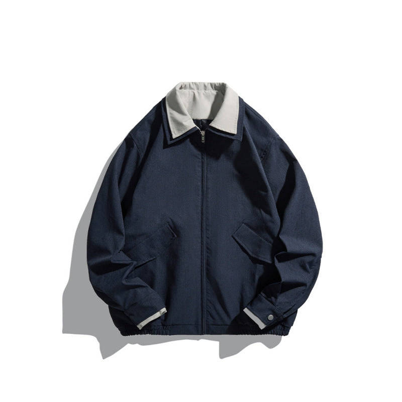Men's Short-Cut Canvas Blouson Jacket in Workwear Look with Contrasting Shirt Collar Mune Fashion