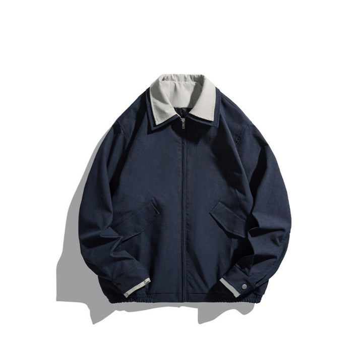 Men's Short-Cut Canvas Blouson Jacket in Workwear Look with Contrasting Shirt Collar Mune Fashion