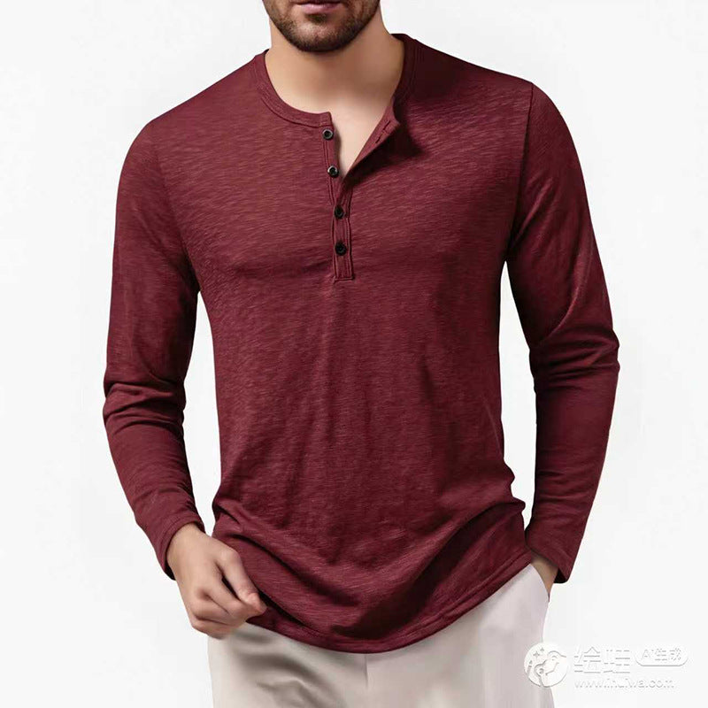 Men's Slim-Fit Henley Long Sleeve Shirt with Short Button Closure and Rounded Hem Mune Fashion