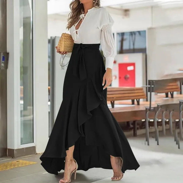Women nan wrap maxi skirt with Vichy check, high waist tie and asymmetrical flounce hem Mune Fashion
