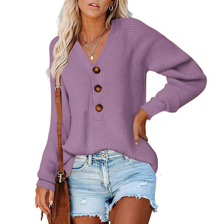 Women's Ribbed Knit Sweater with V-Neck, Decorative Button Placket and Balloon Sleeves Mune Fashion