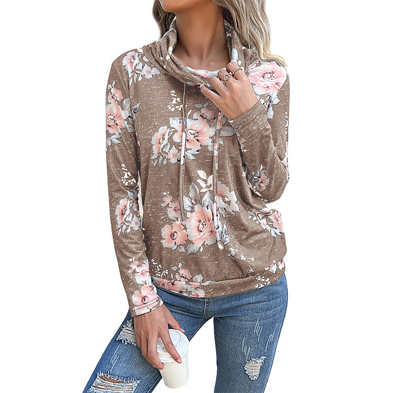 Women's Funnel Neck Sweatshirt with Floral Allover Print and Drawstring Mune Fashion